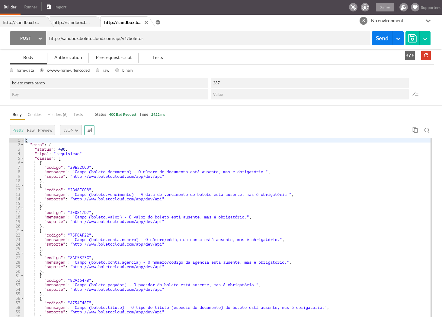 Tratamento de erros no Postman